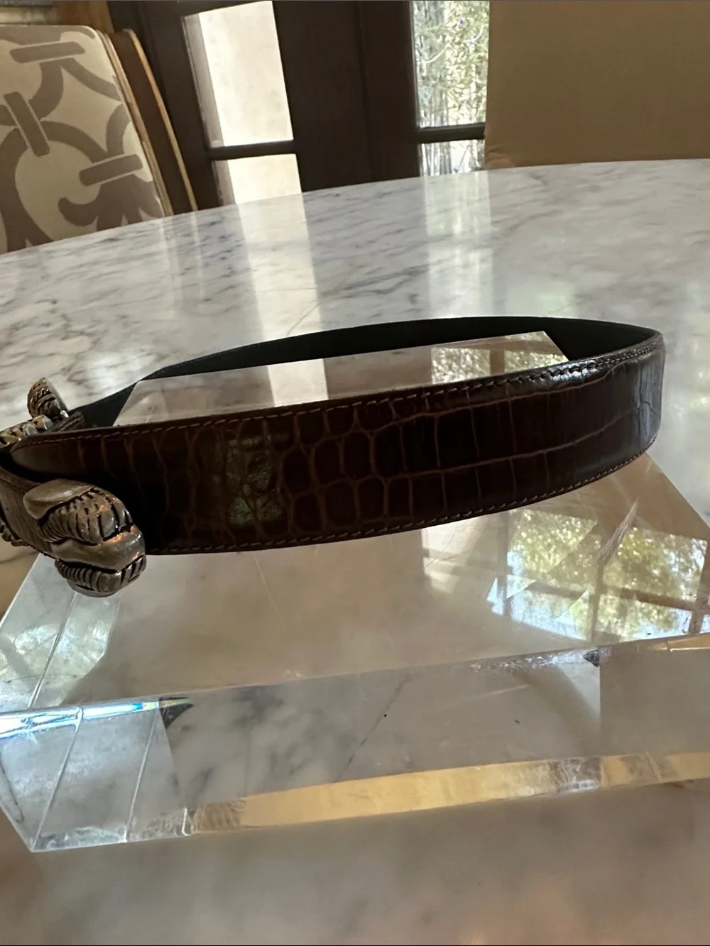 Vicenza Genuine Italian Calfskin. Brown Crocodile Embossed. Silver Tone Buckles.